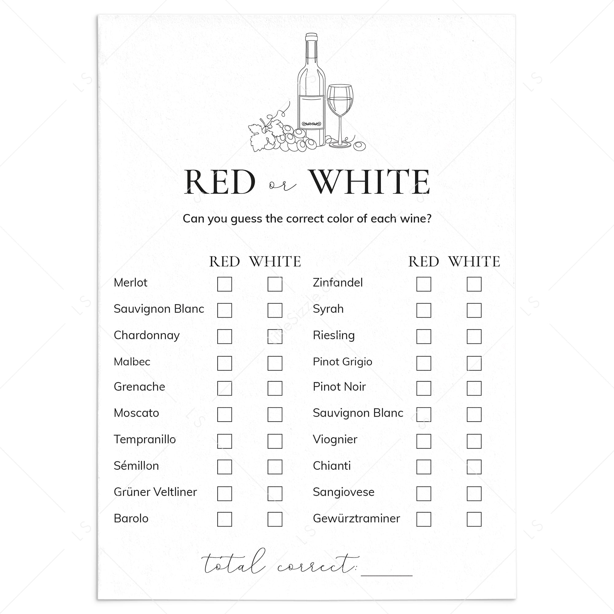 Red or White Wine Game with Answer Key Printable by LittleSizzle