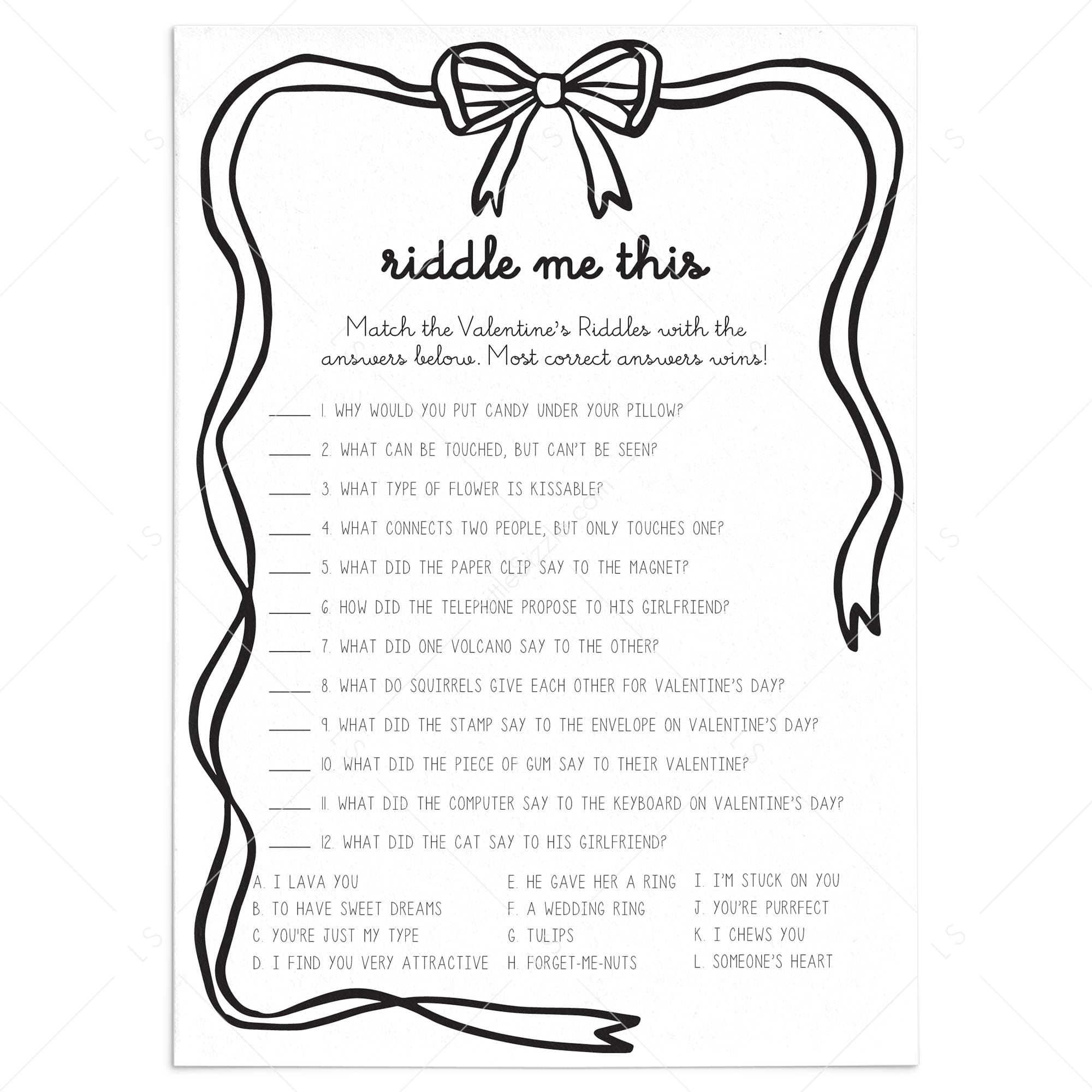 Fun Valentines Riddles and Answers Digital Download by LittleSizzle