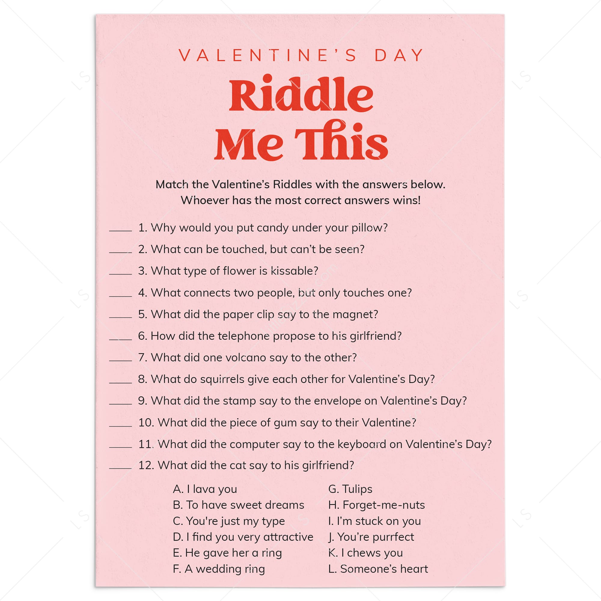 Riddle Me This Valentines Game Printable by LittleSizzle