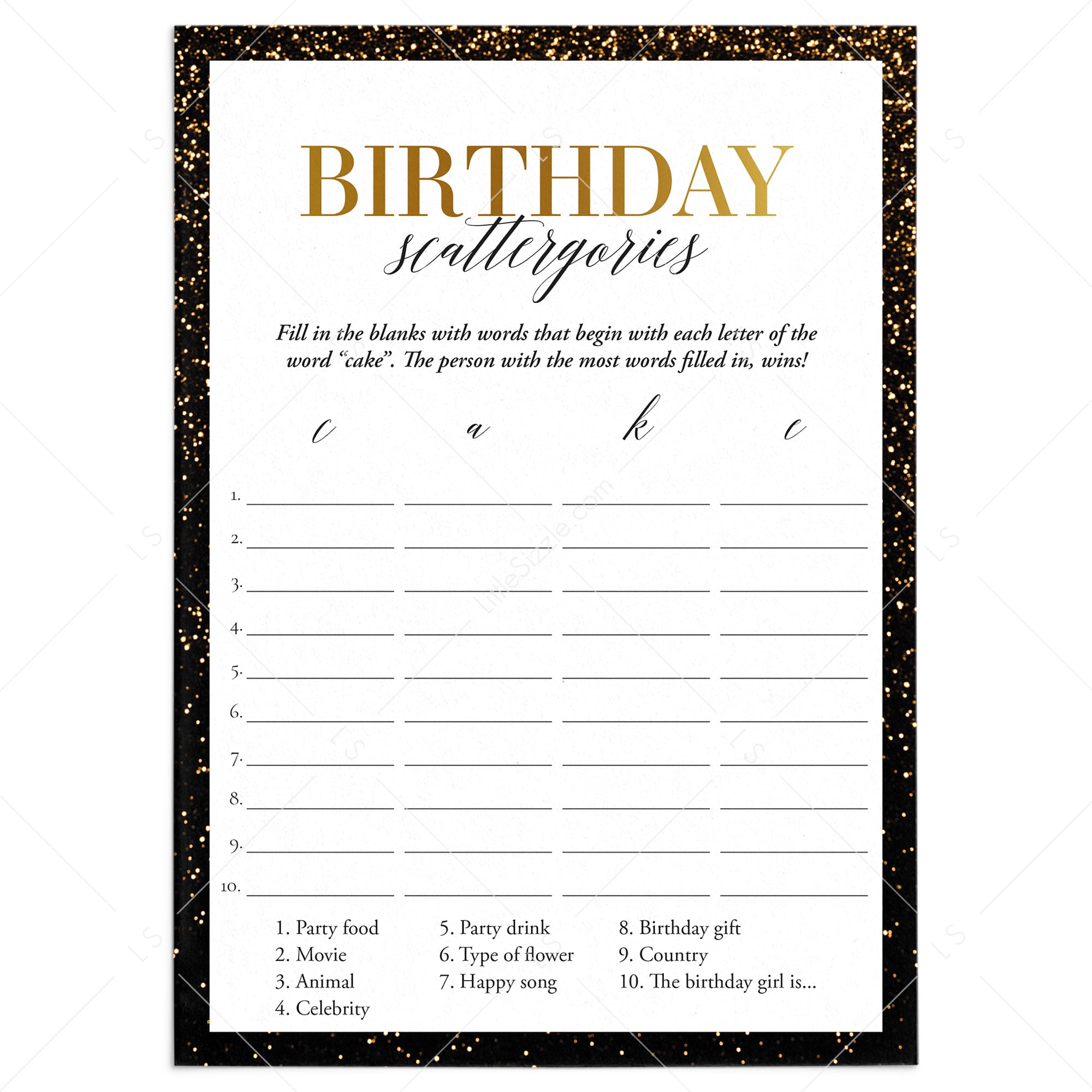 Golden Birthday Scattergories Game Printable by Littlesizzle