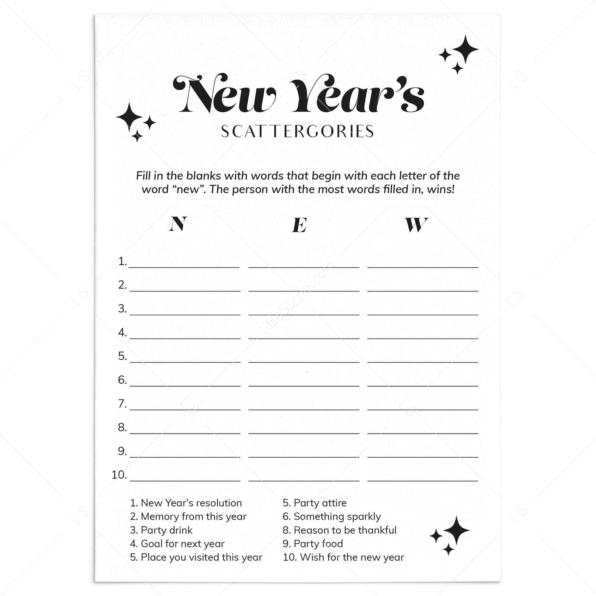 Black & White New Year's Game Scattergories Printable by LittleSizzle
