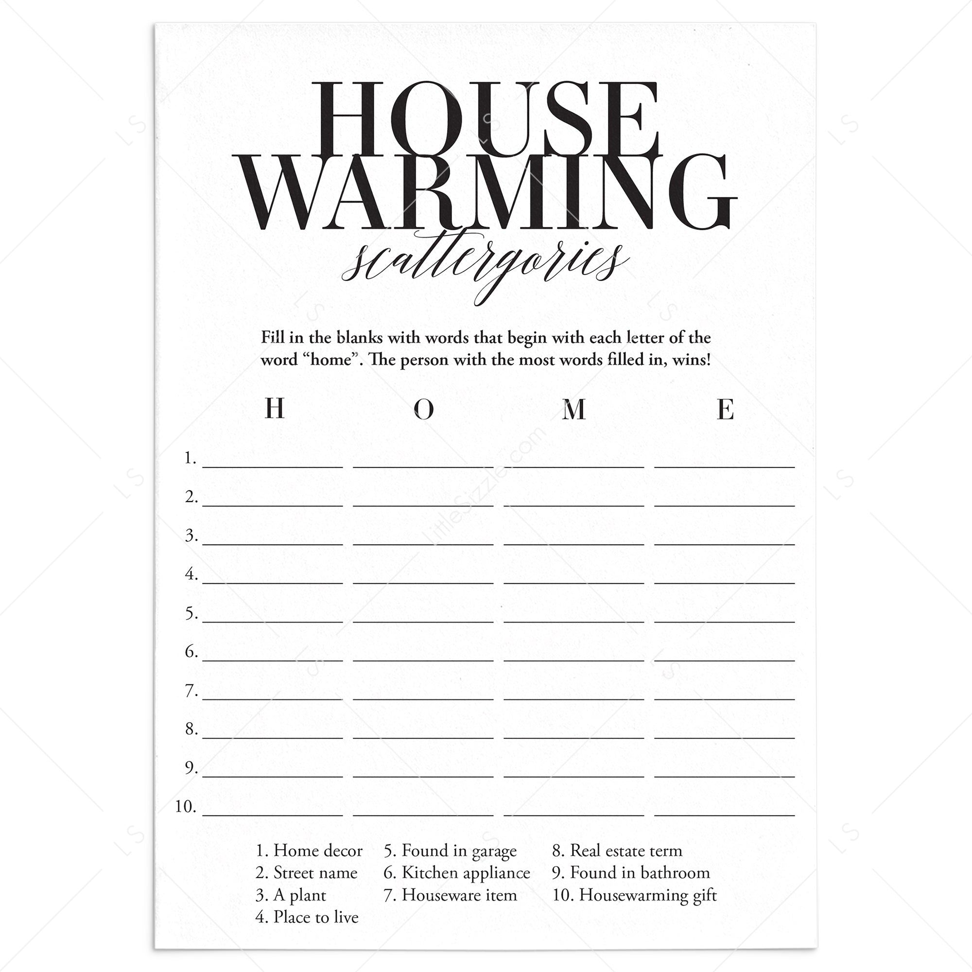 Housewarming Party Scattergories Game Cards Printable by LittleSizzle