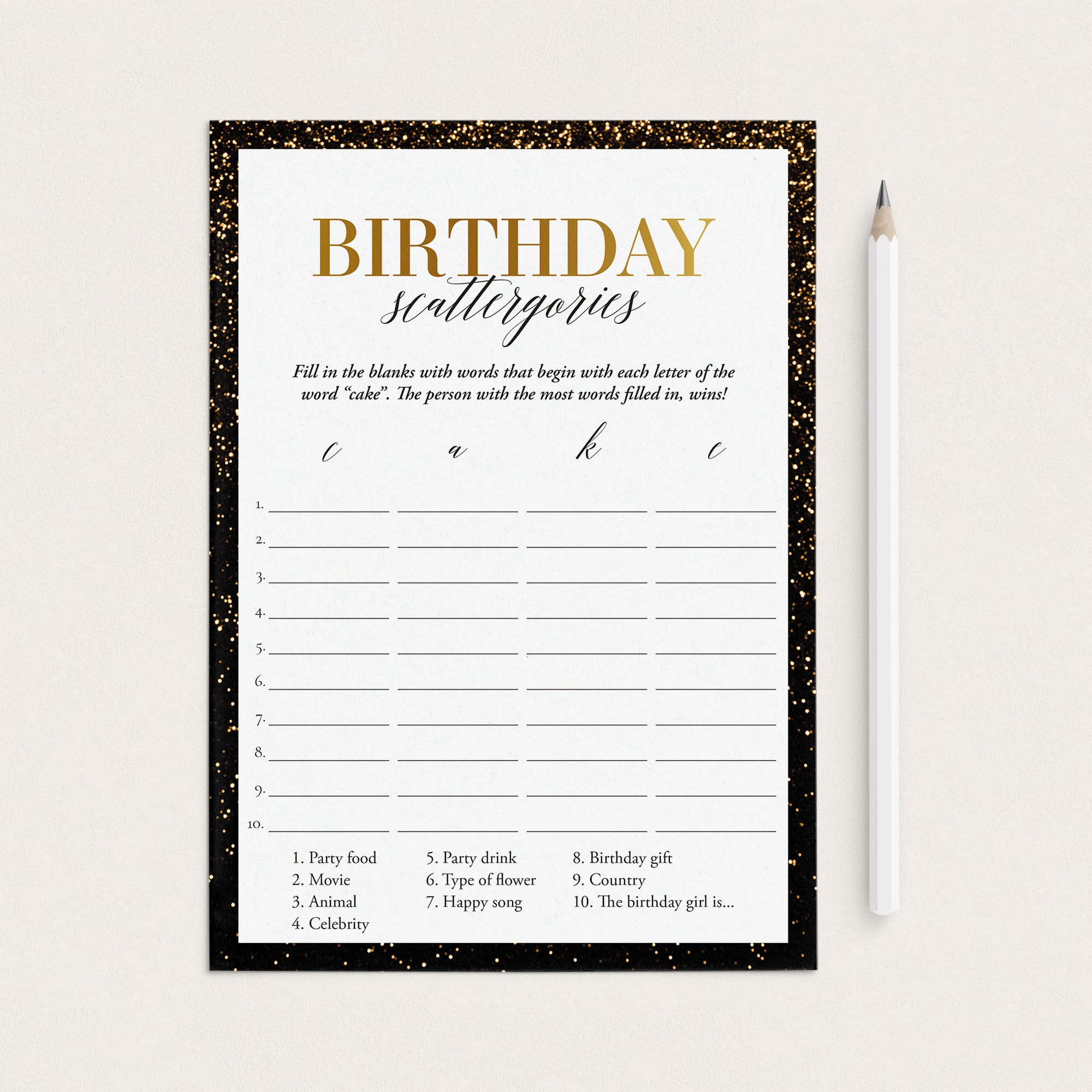Golden Birthday Scattergories Game Printable by Littlesizzle