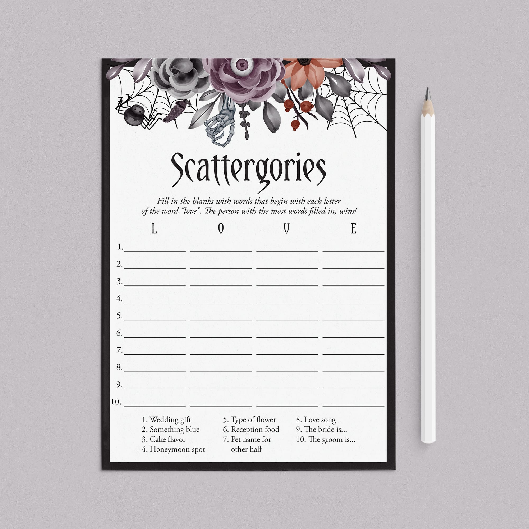 Goth Bridal Shower Game Scattergories Instant Download by LittleSizzle