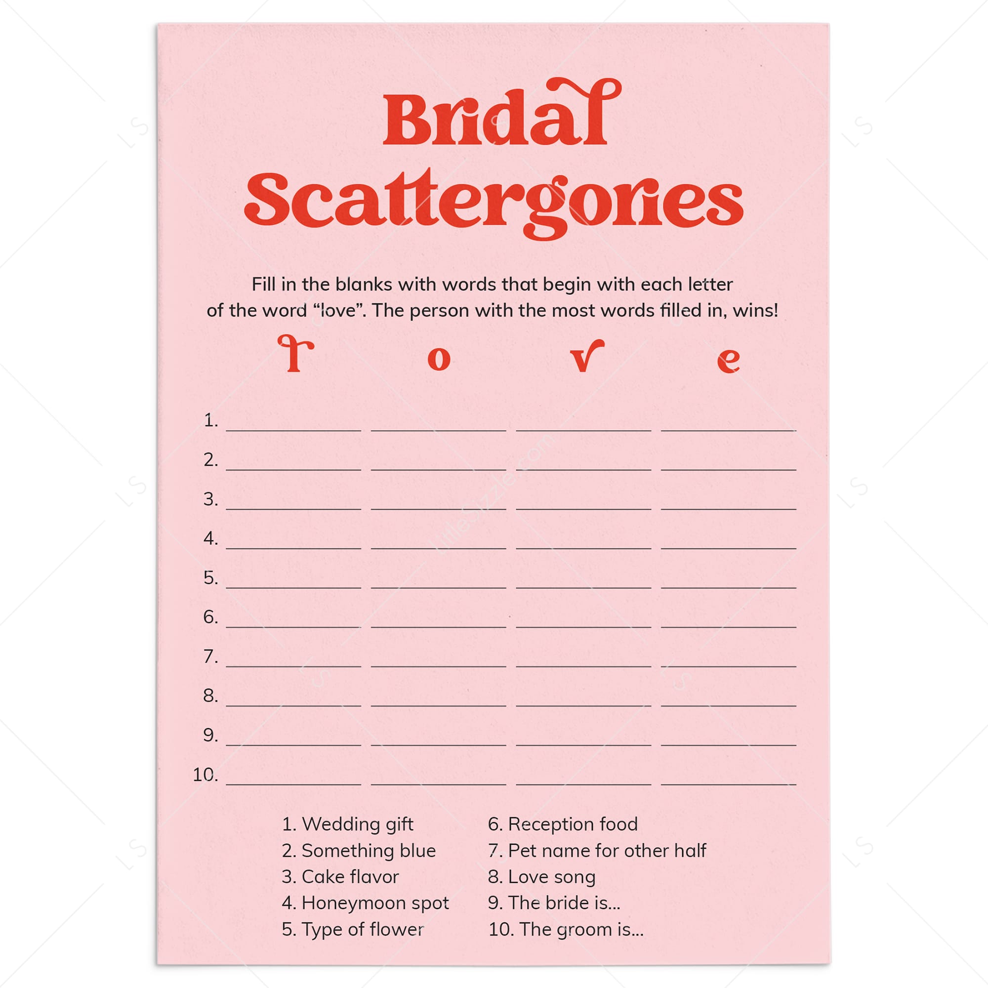 Bridal Shower Scattergories Categories Game Printable Pink and Red by LittleSizzle