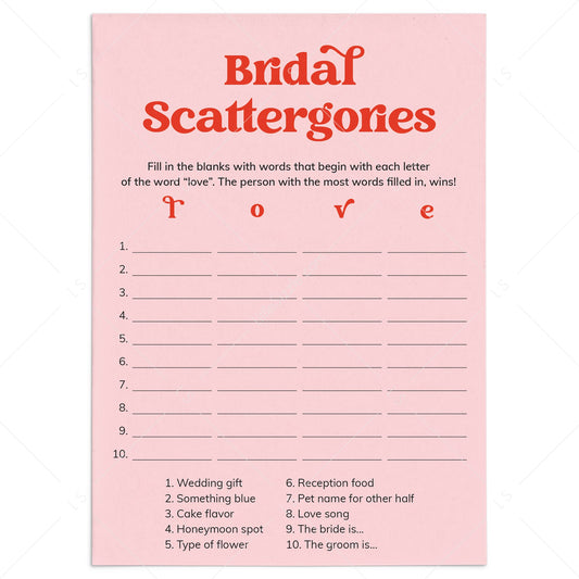Bridal Shower Scattergories Categories Game Printable Pink and Red by LittleSizzle