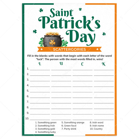 St Patricks Day Scattergories Categories Game Printable by LittleSizzle