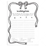 Coquette Bow Girls Night Scattergories Categories Printable Game by LittleSizzle