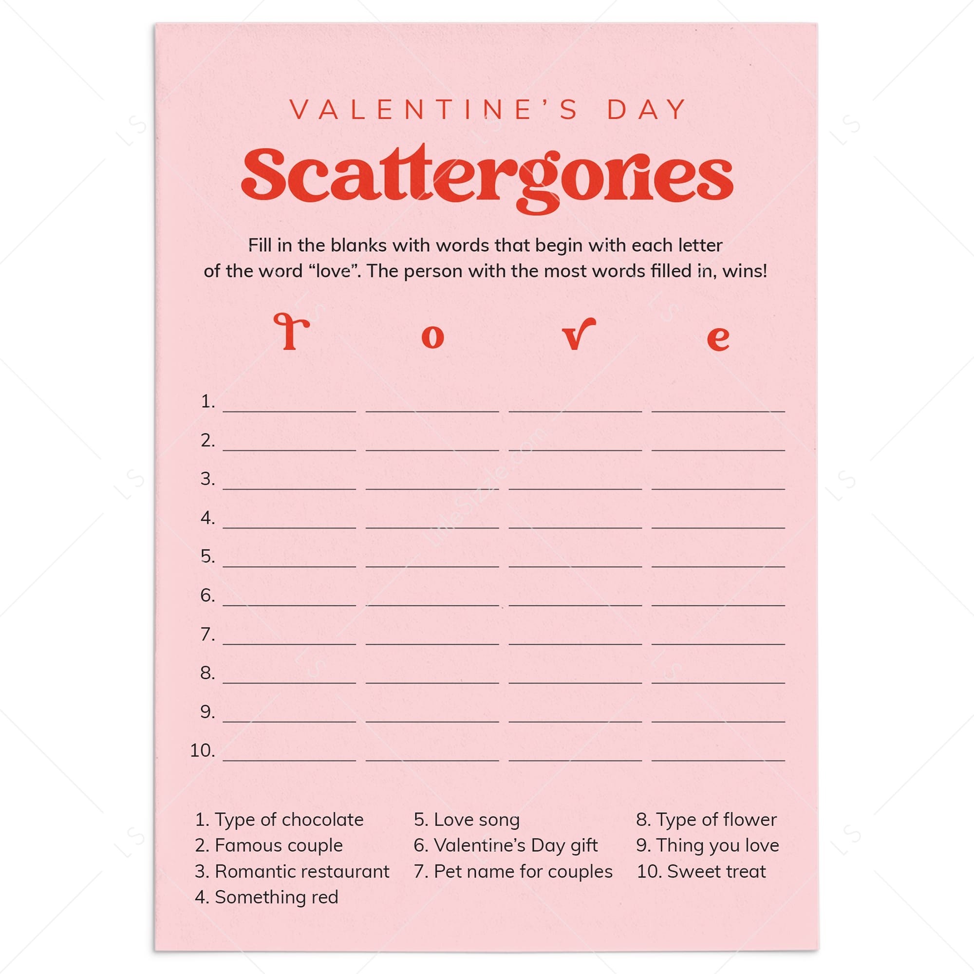 Scattergories Valentine's Day Game Printable by LittleSizzle