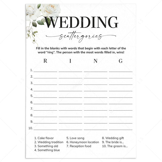 Wedding Scattergories Printable Game White Floral by LittleSizzle