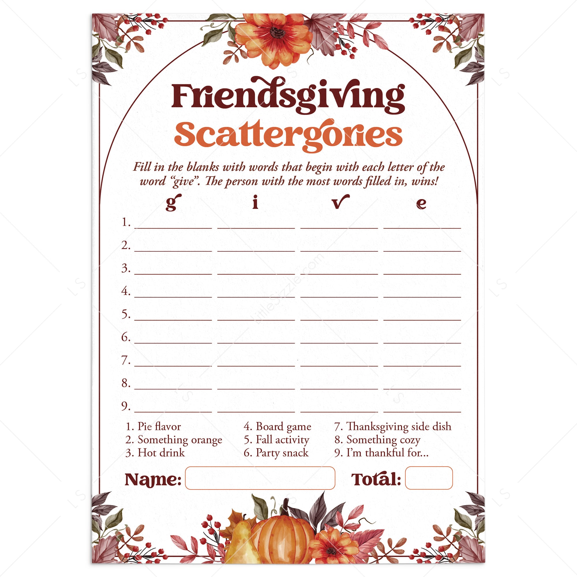 Printable Friendsgiving Scattergories Game by LittleSizzle