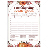 Printable Friendsgiving Scattergories Game by LittleSizzle