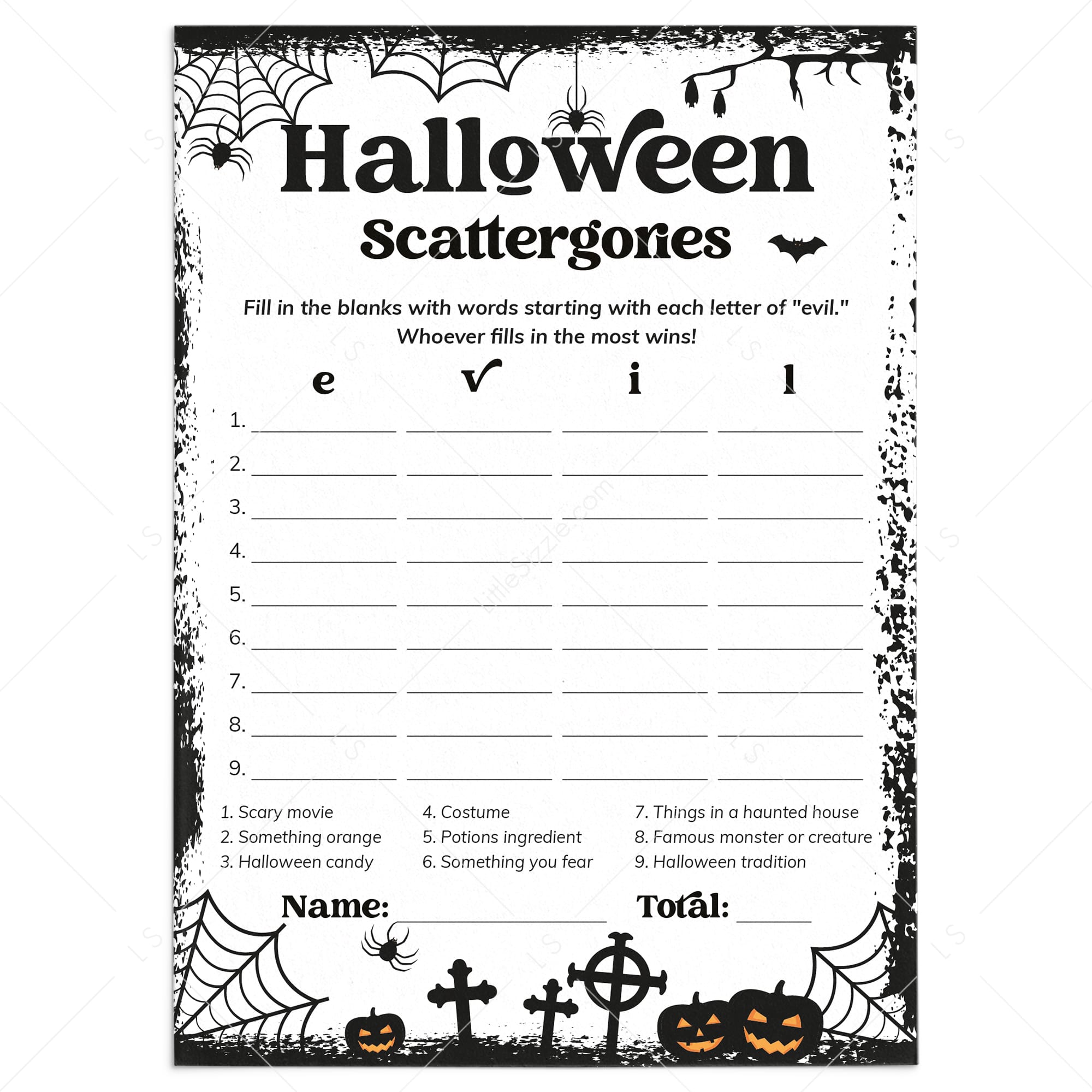Halloween Categories Game Printable Black & White by LittleSizzle