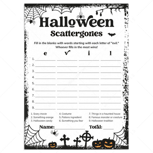 Halloween Categories Game Printable Black & White by LittleSizzle
