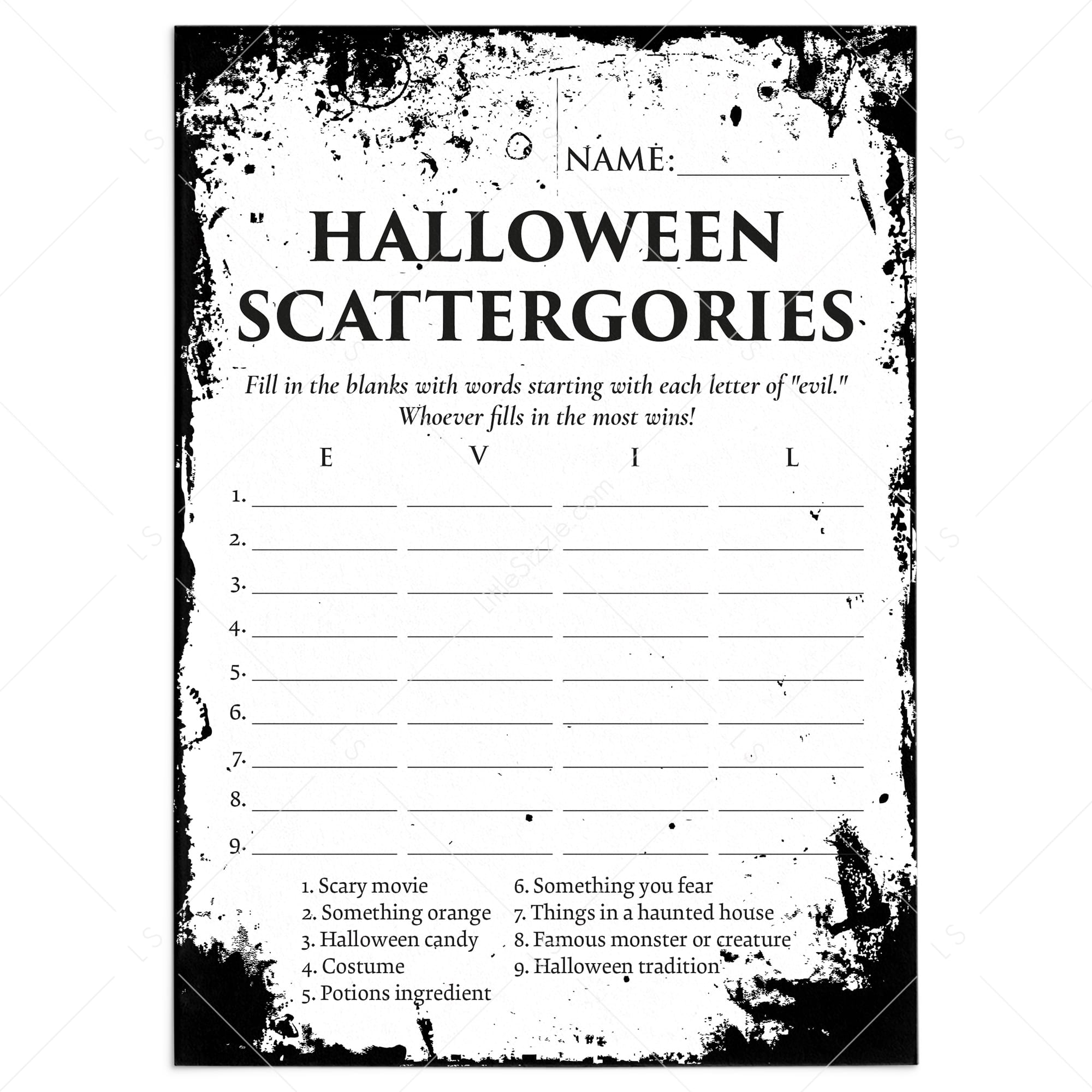 Scattergories Halloween Party Game Printable | Eerie Grunge by LittleSizzle