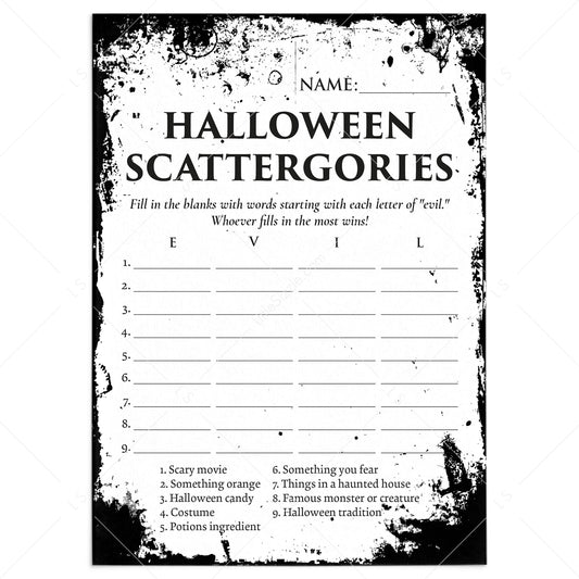Scattergories Halloween Party Game Printable | Eerie Grunge by LittleSizzle