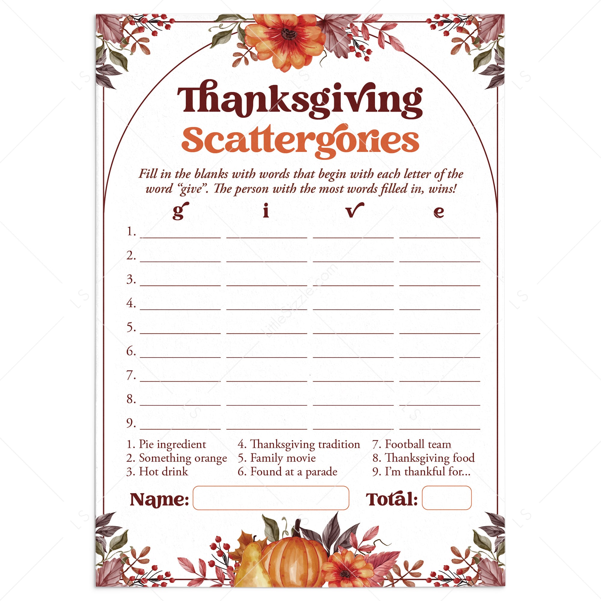 Thanksgiving Scattergories Categories Game Printable by LittleSizzle