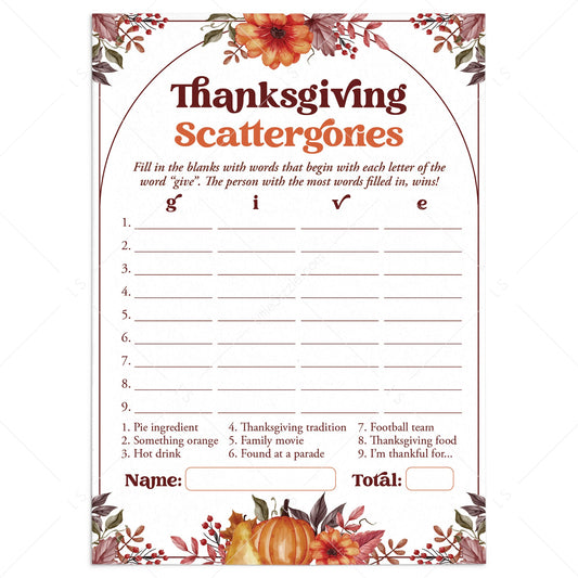 Thanksgiving Scattergories Categories Game Printable by LittleSizzle