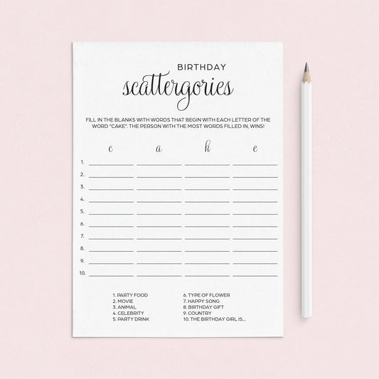 Fun Birthday Party Game for All Ages Printable Scattergories by LittleSizzle