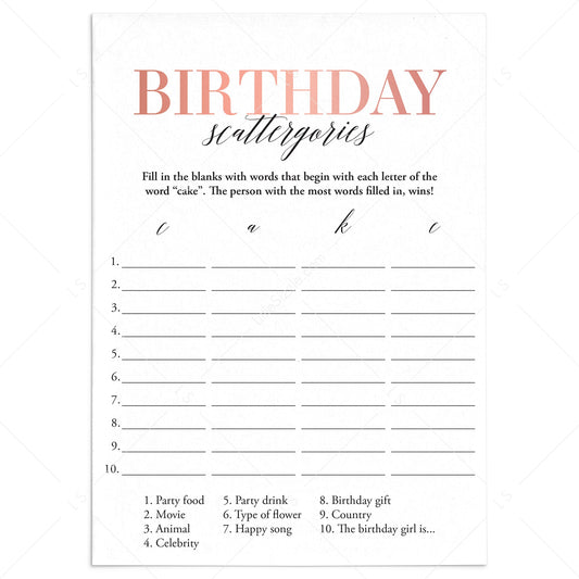 Birthday Game for Her Scattergories Printable by LittleSizzle