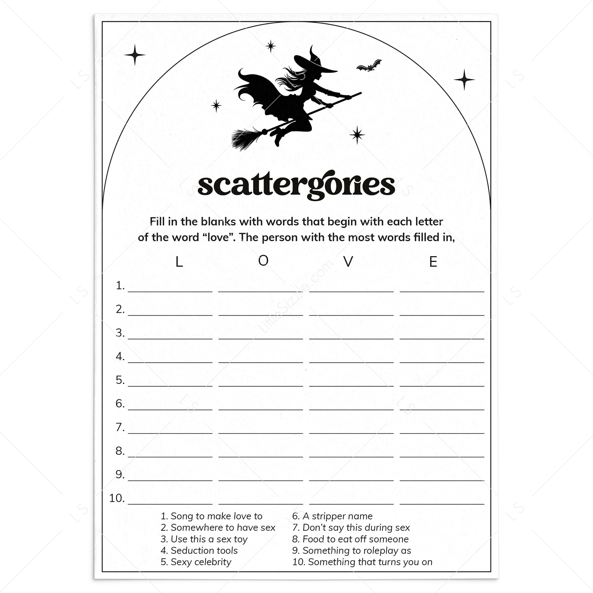 Dirty Scattergories Bach Party Game Witches Theme by LittleSizzle