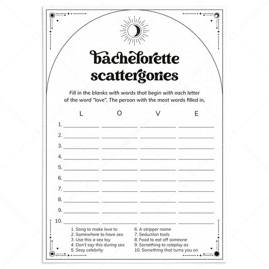Dirty Scattergories Game for Bachelorette Party | Boho Witchy by LittleSizzle
