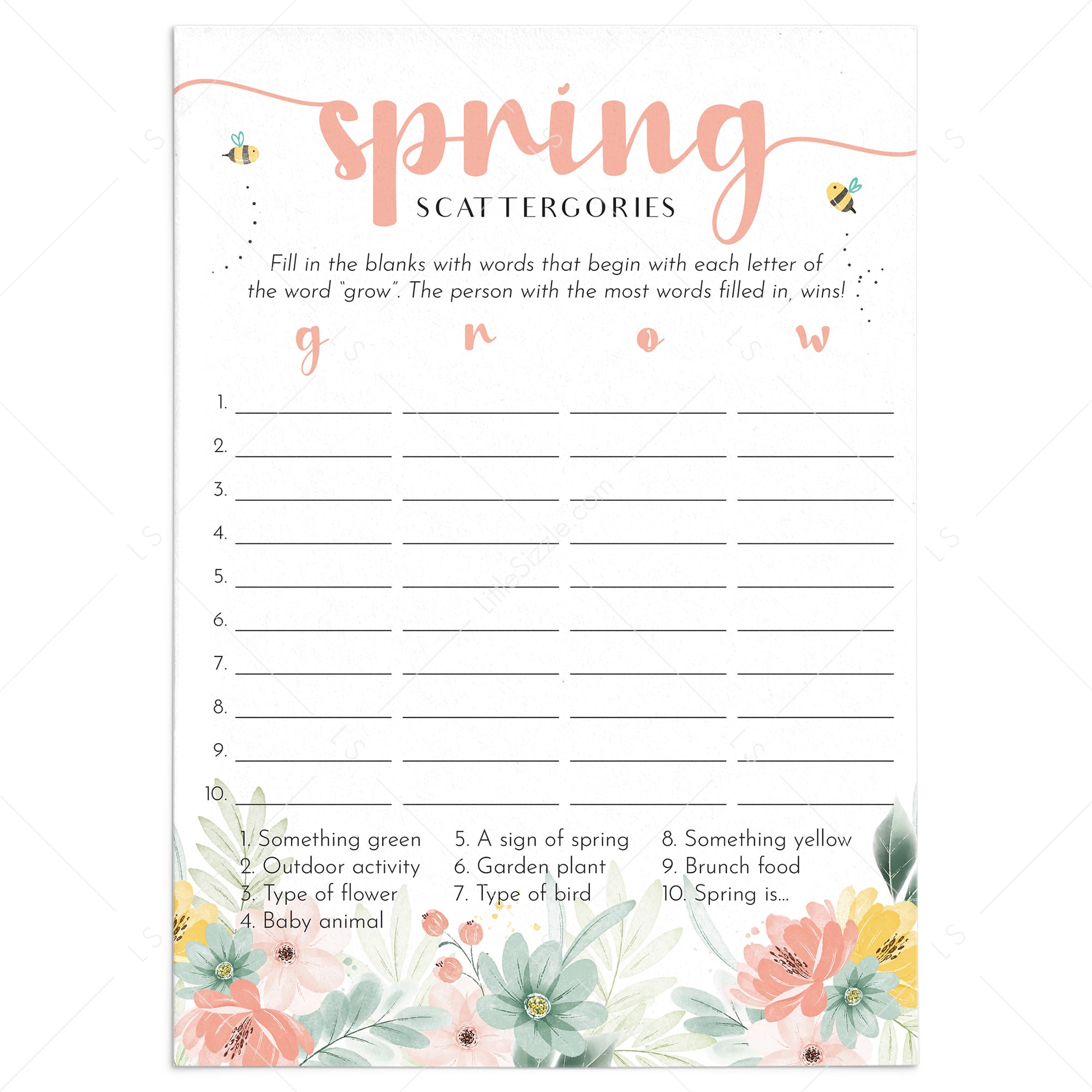 Spring Scattergories Game Printable by LittleSizzle