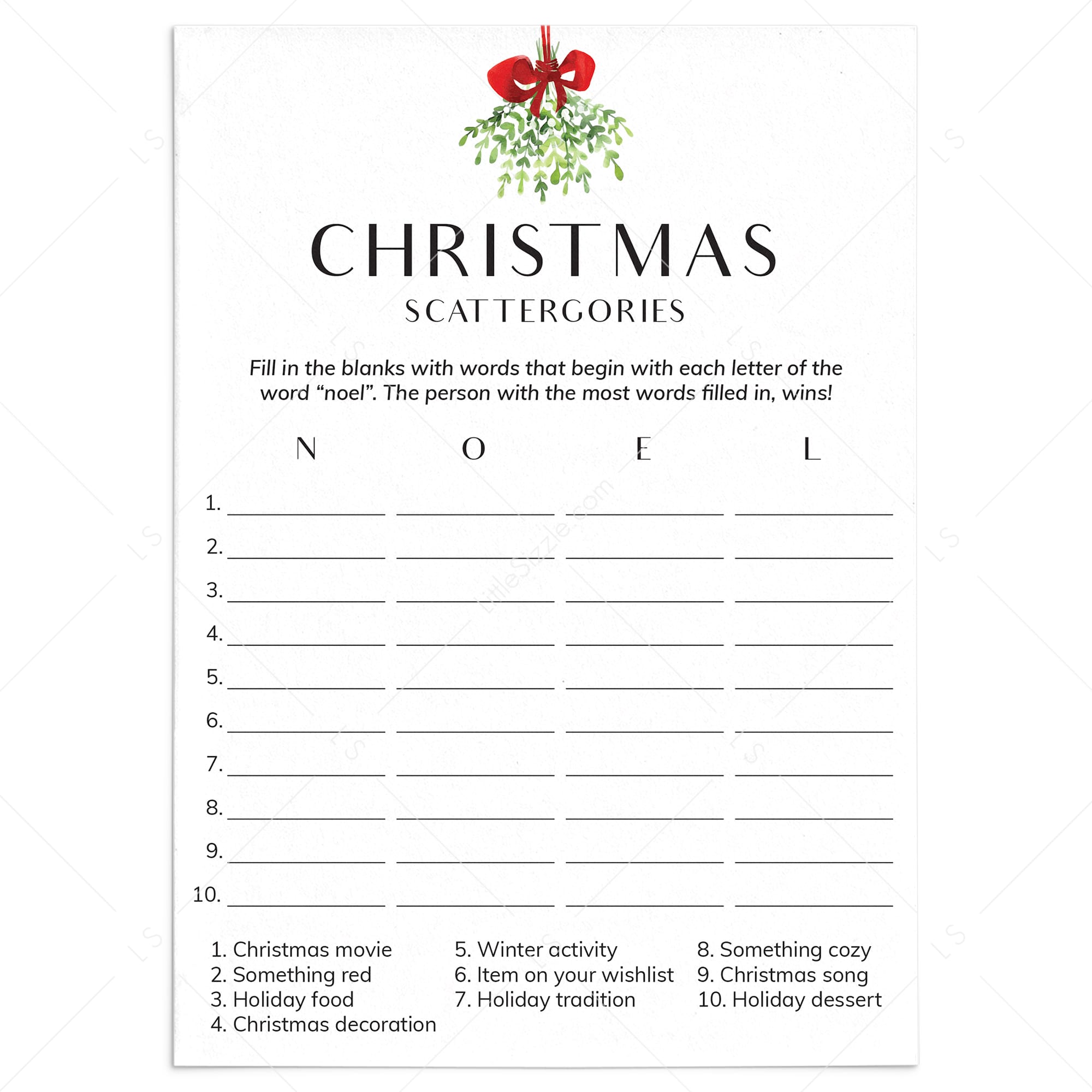 Holiday Scattergories Game Printable Minimalist by LittleSizzle