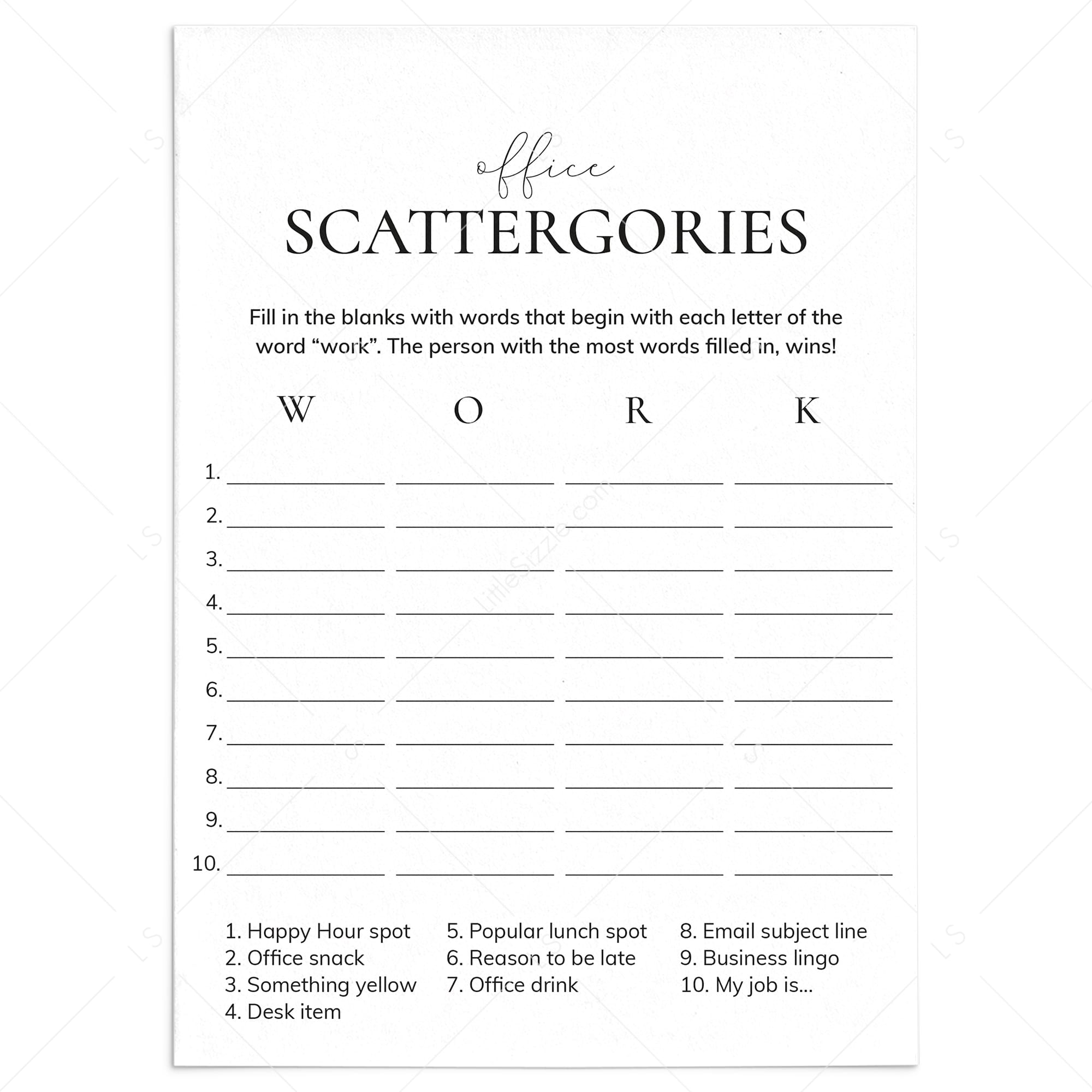 Printable Office Party Scattergories Game Digital Download by LittleSizzle