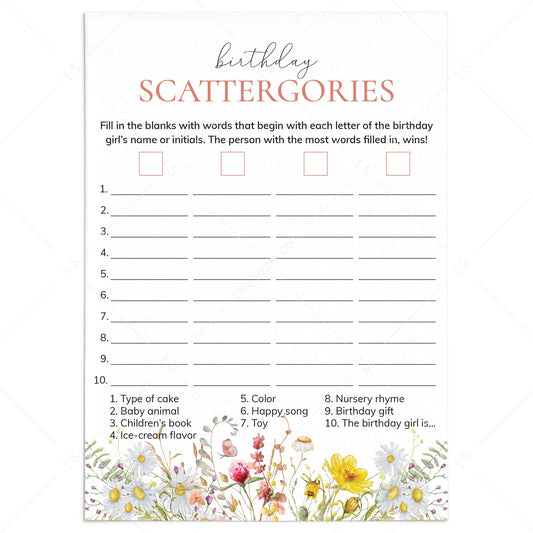 Wildflower 1st Birthday Game for Girl Scattergories by LittleSizzle