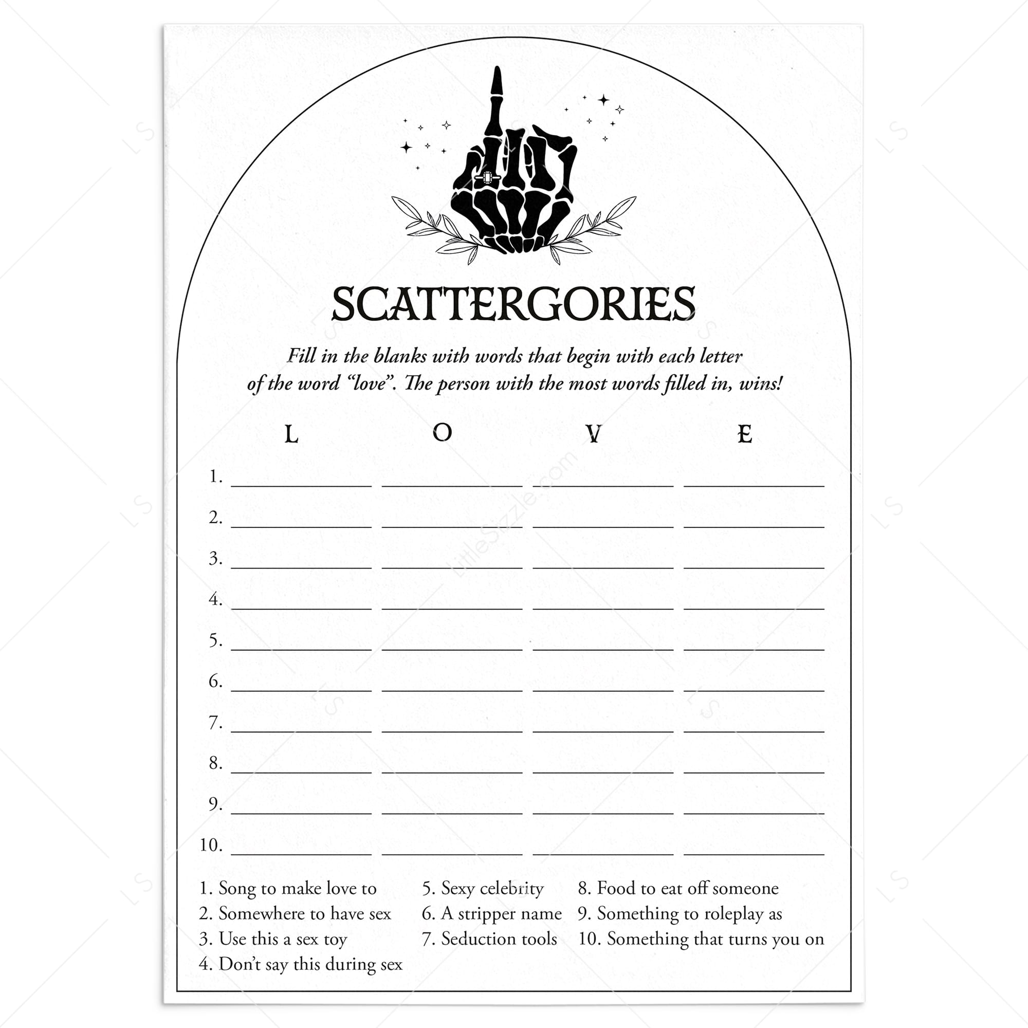 Dirty Bachelorette Scattergories Game Printable Bride or Die by LittleSizle