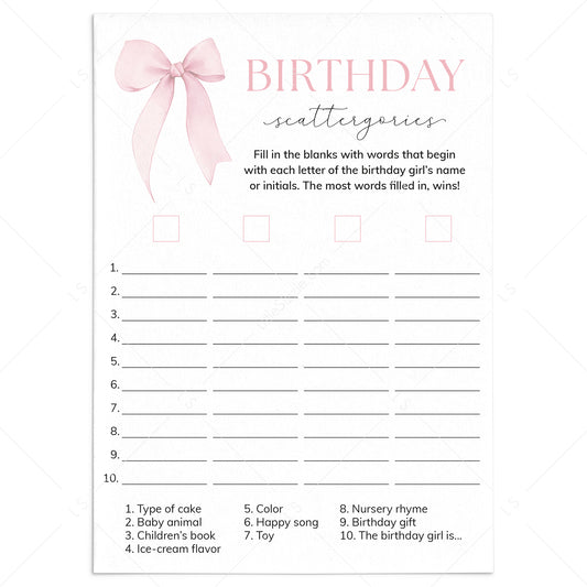 First Birthday Scattergories Game Printable Pink Bow Theme by LittleSizzle