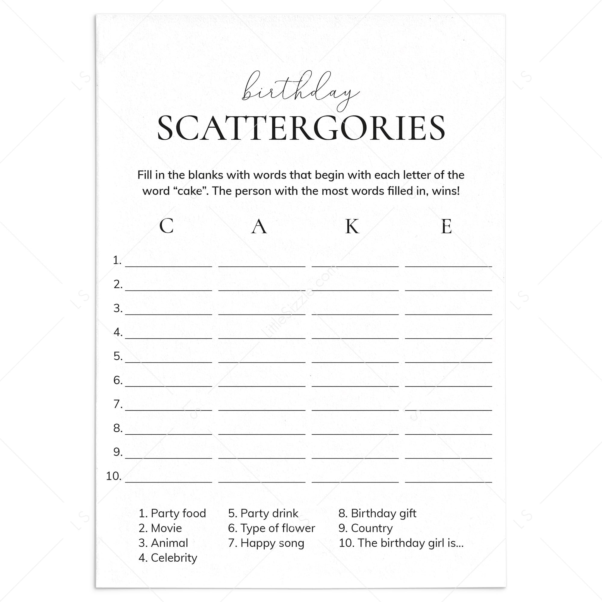 Birthday Scattergories Categories Printable Game for Her by LittleSizzle