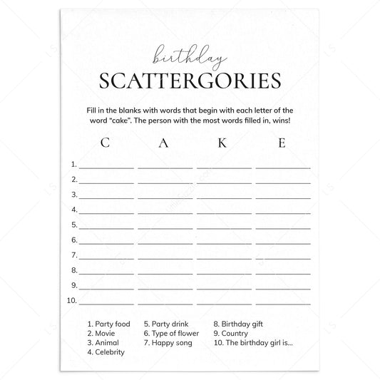Birthday Scattergories Categories Printable Game for Her by LittleSizzle