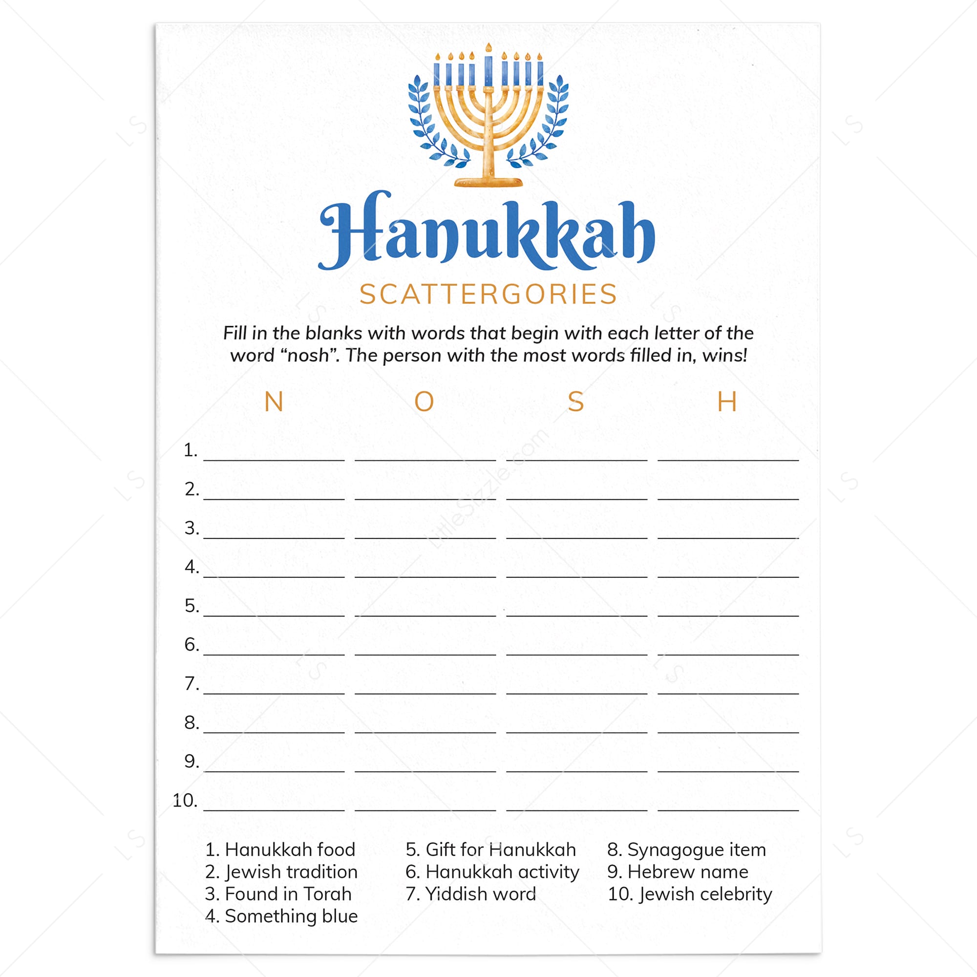 Printable Chanukah Scattergories Game Instant Download by LittleSizzle