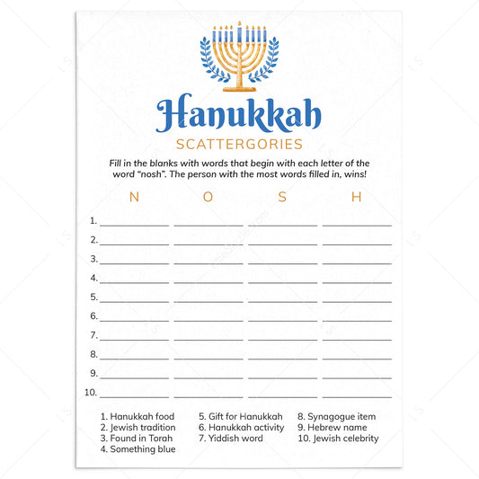 Printable Chanukah Scattergories Game Instant Download by LittleSizzle