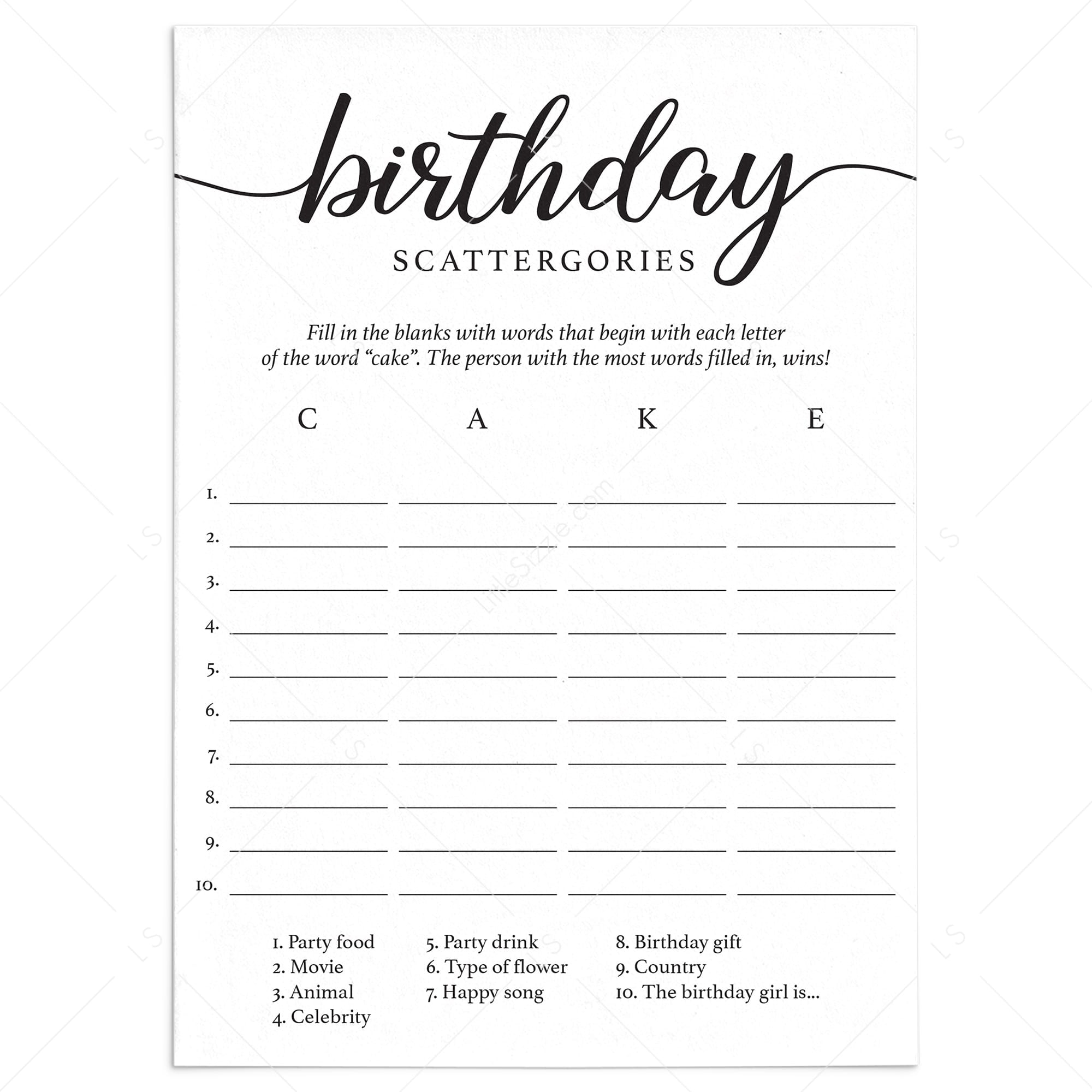 Printable Birthday Scattergories Game for Women by LittleSizzle