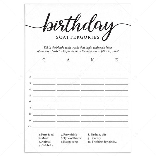 Printable Birthday Scattergories Game for Women by LittleSizzle