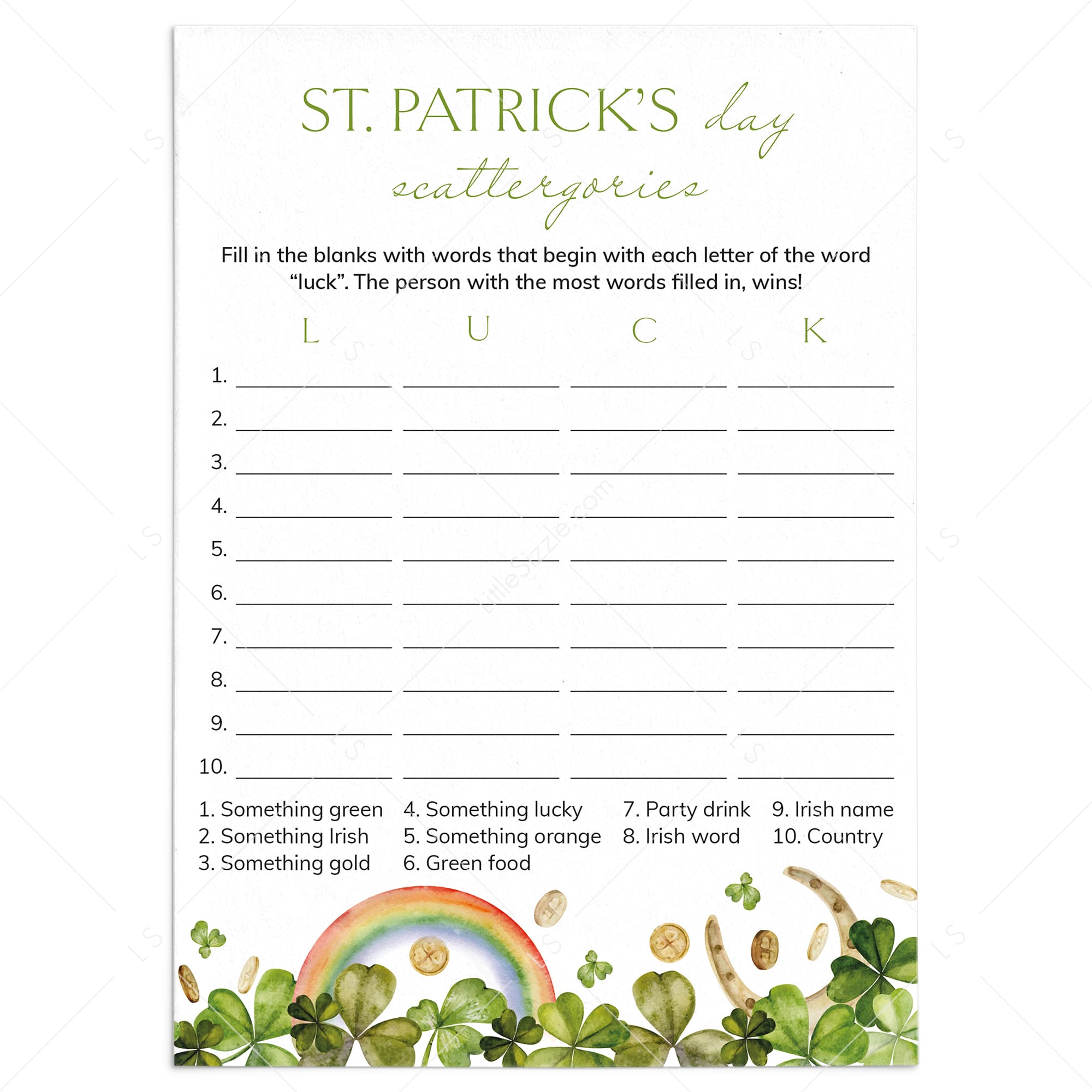 Printable St Patricks Day Party Game Scattergories by LittleSizzle