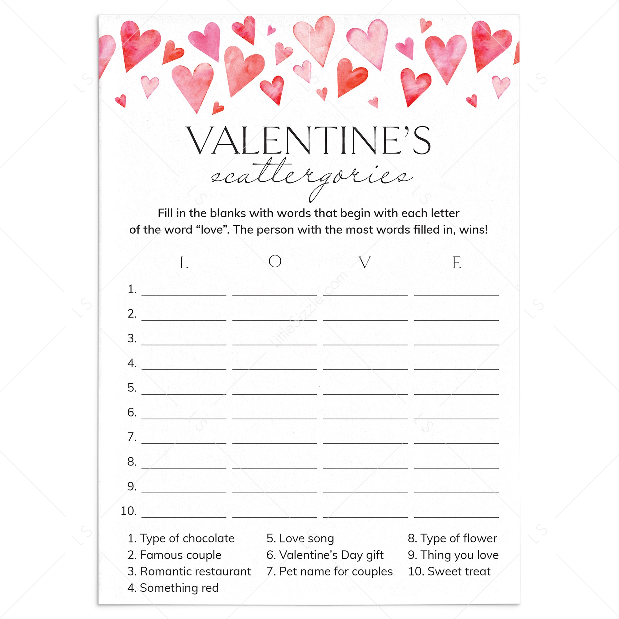 Valentine's Day Scattergories Office Game Printable by LittleSizzle