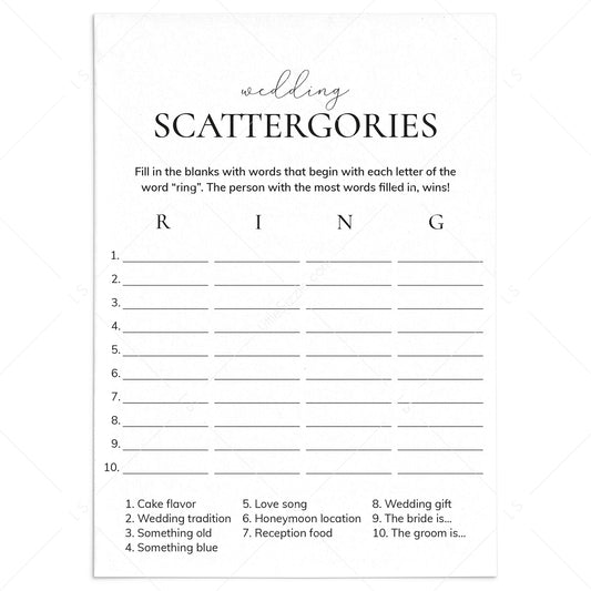 Wedding Scattergories Game Printable by LittleSizzle