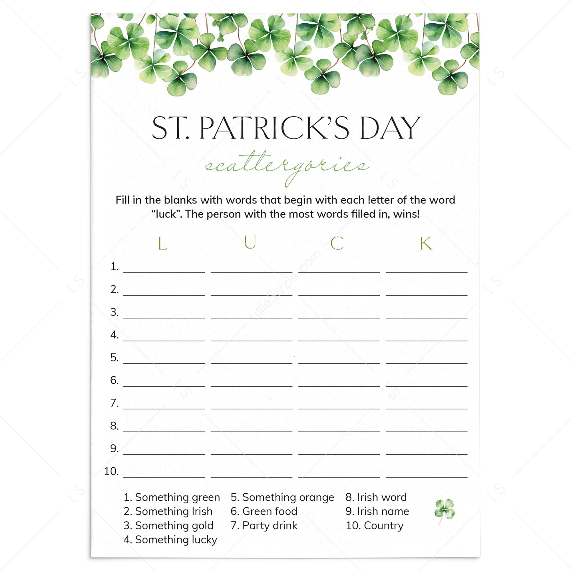 St Pattys Day Scattergories Printable by LittleSizzle