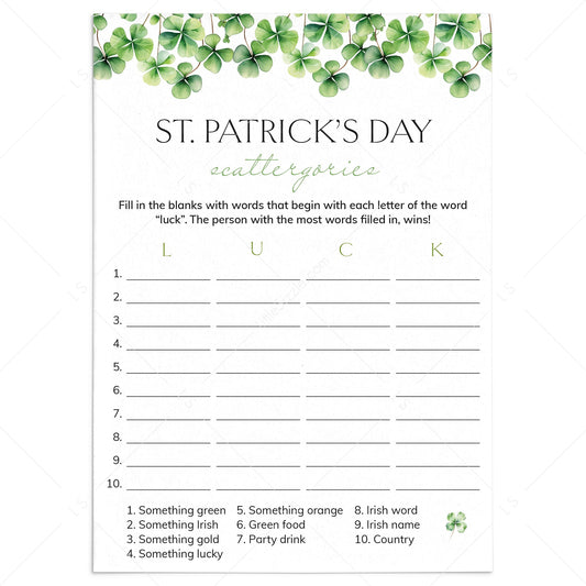 St Pattys Day Scattergories Printable by LittleSizzle