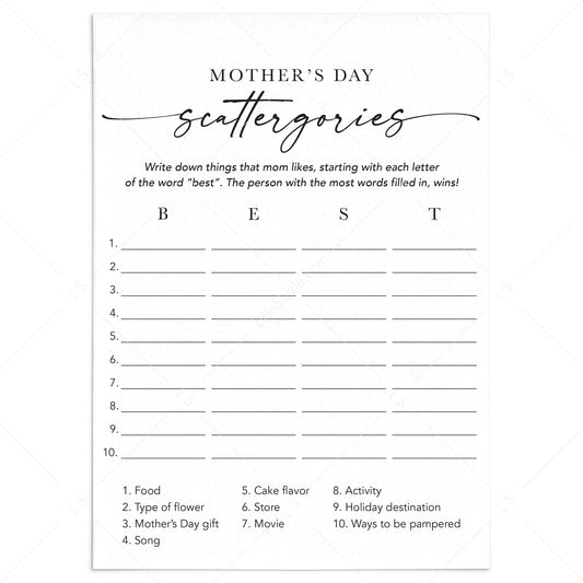 Mother's Day Scattergories Categories Word Game Printable by LittleSizzle