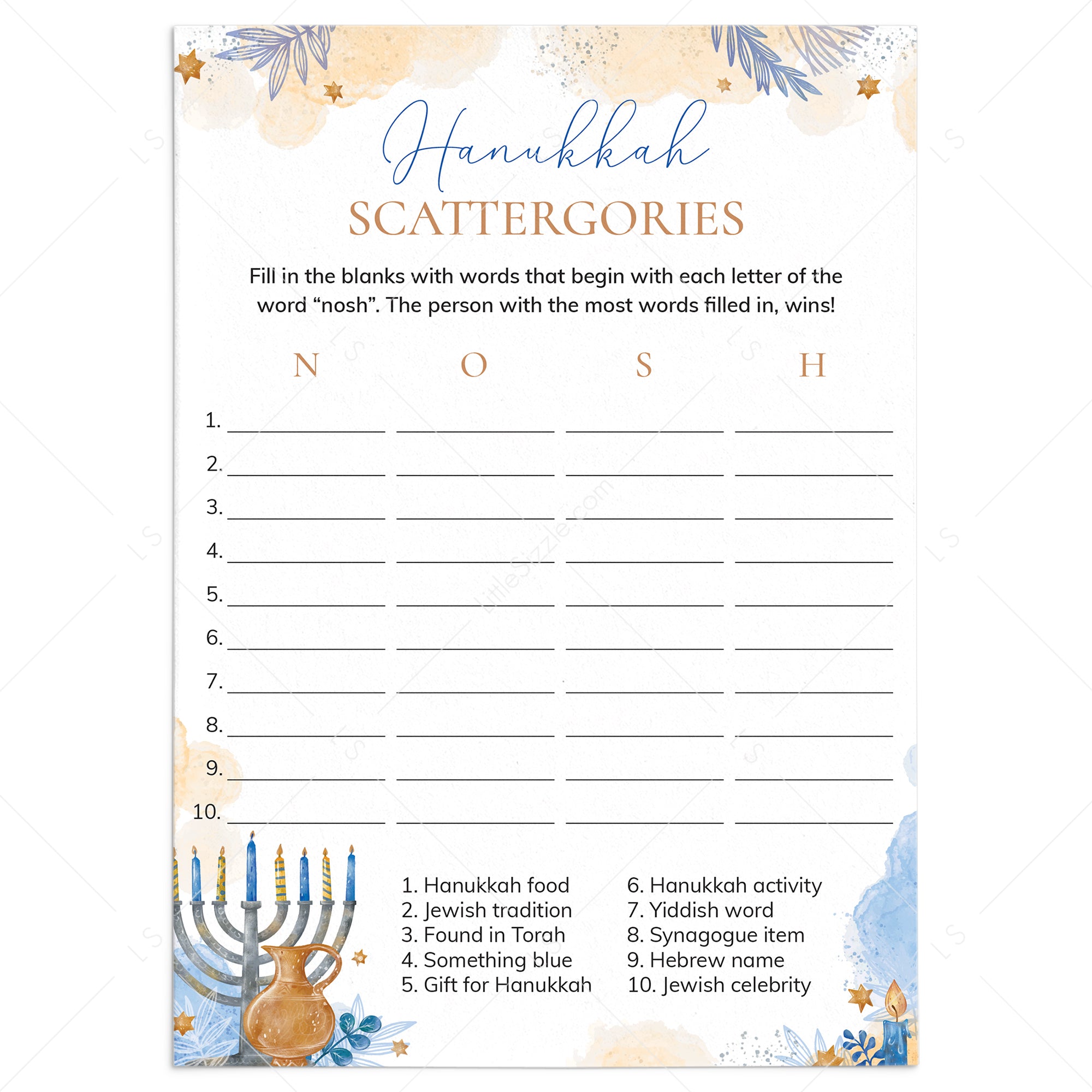 Hanukkah Scattergories Game Printable by LittleSizzle