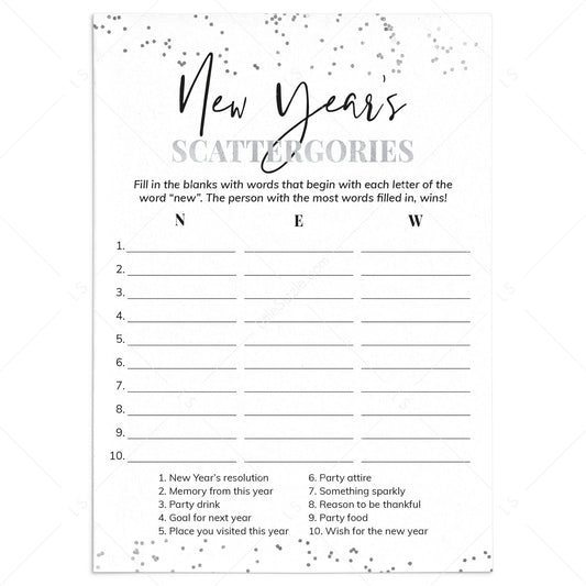 A New Year's Scattergories game card with a white background, black and gray typography, and scattered silver confetti accents in the corners. The card includes blank lines for writing answers and numbered prompts related to resolutions, party attire, drinks, and goals.