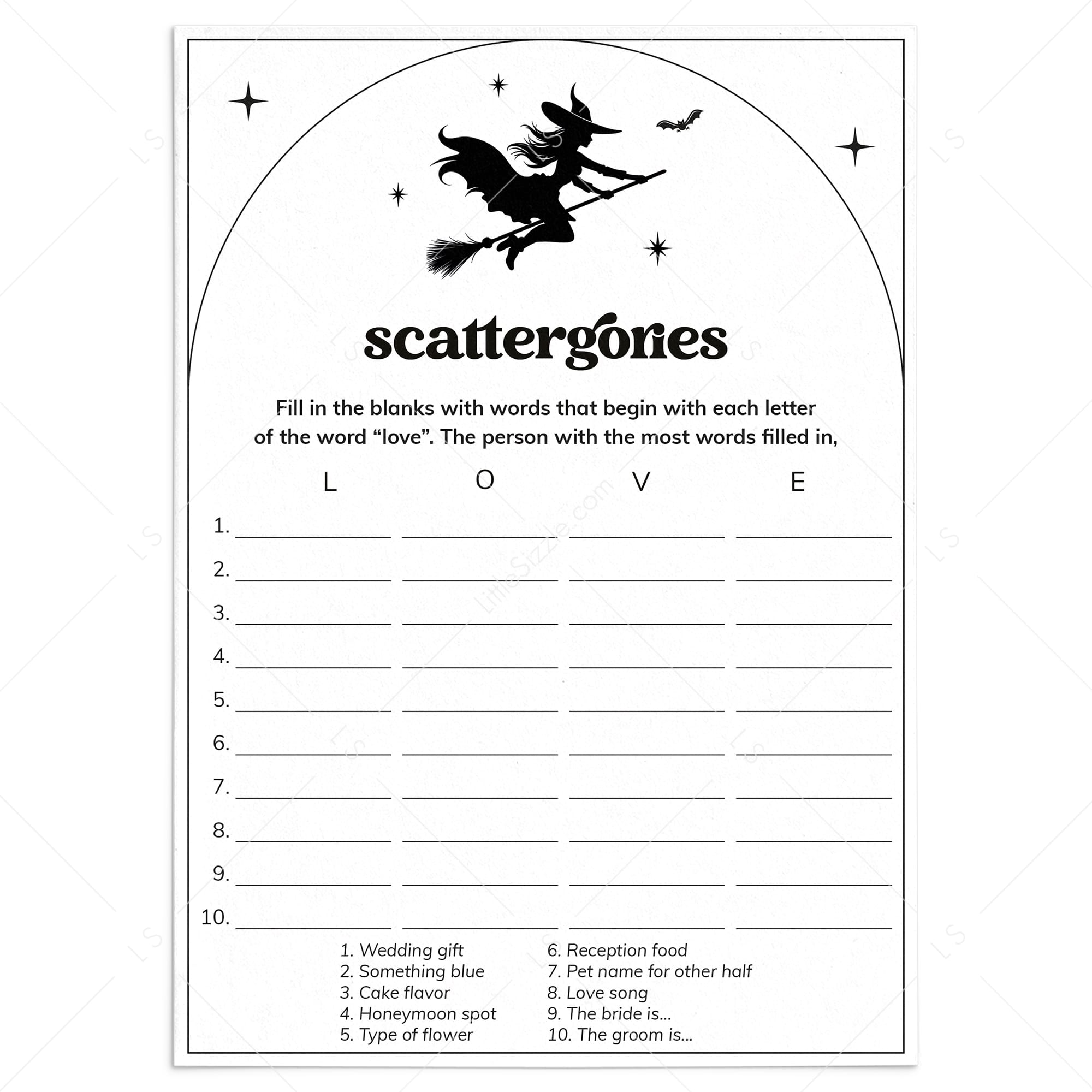 Witchy Bridal Shower Scattergories Game Digital Download by LittleSizzle