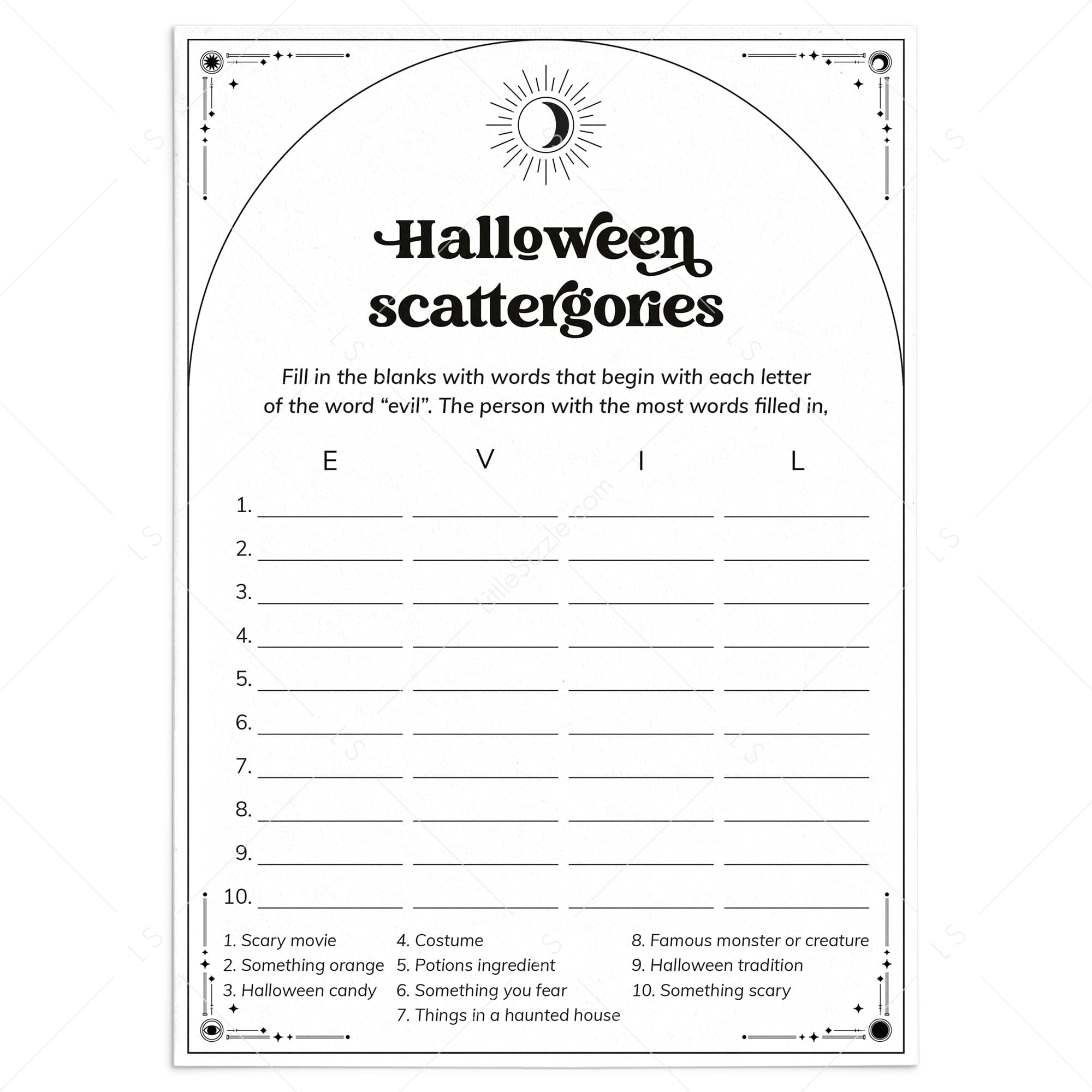 Halloween Scattergories Categories Game Printable by LittleSizzle