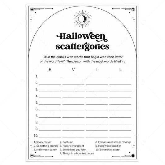 Halloween Scattergories Categories Game Printable by LittleSizzle