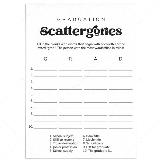 Graduation Scattergories Categories Printable Game by LittleSizzle